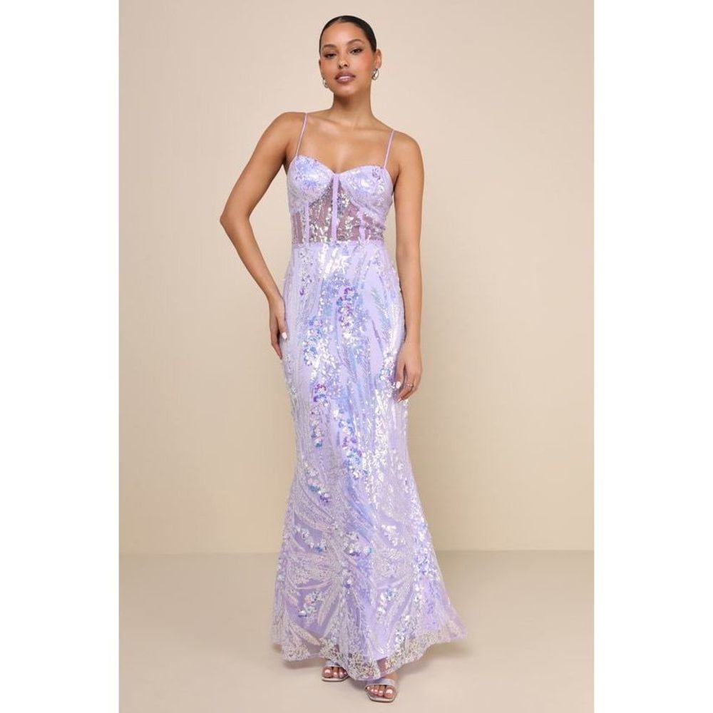 NEW Lulu’s Perfection Seeker Lavender Iridescent Sequin Bustier Maxi Dress